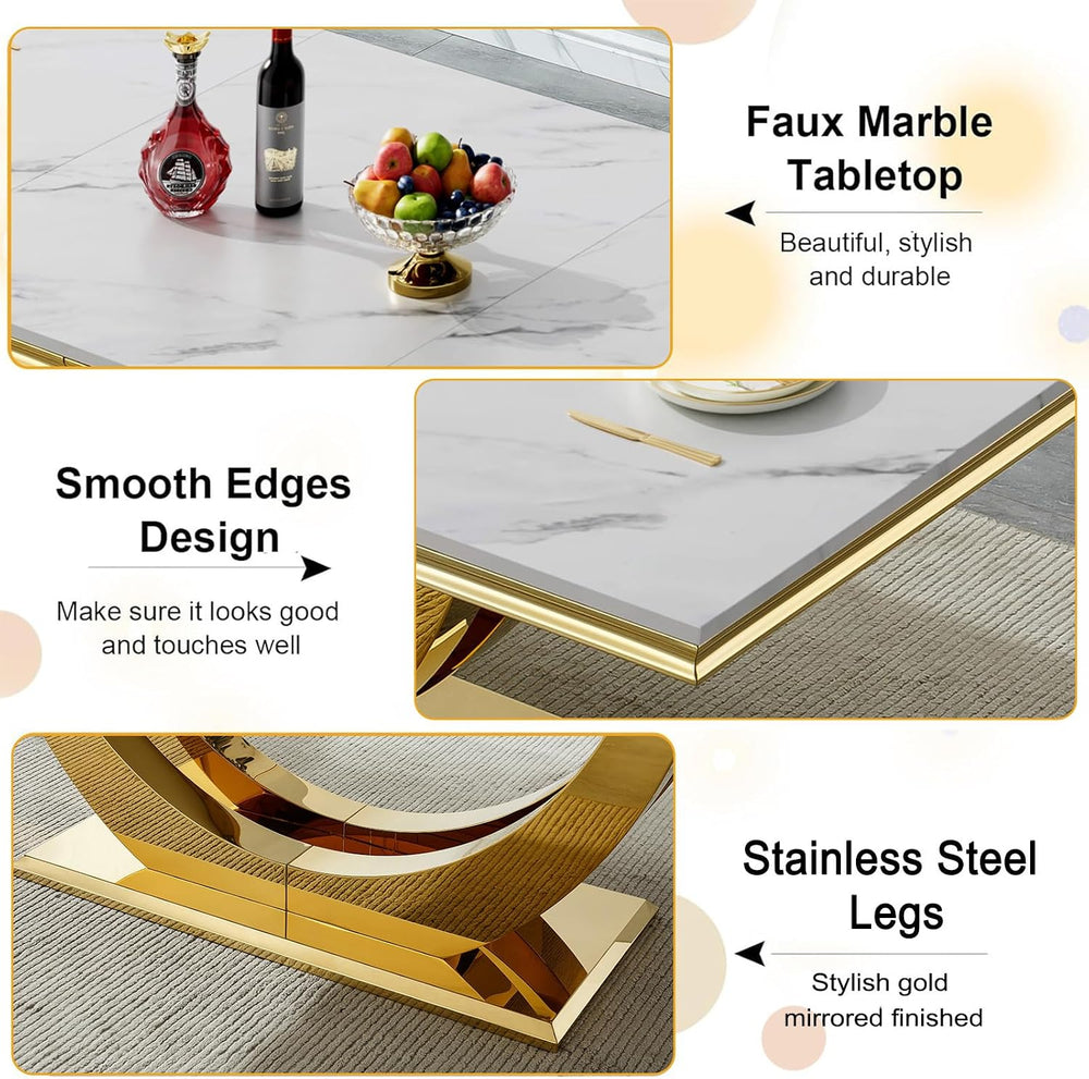 7 Piece Marble Dining Table Set for 6, 94 inch Large White Faux Marble Table ...