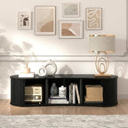 Fluted TV Stand with Storage Cabinet, 59″ Media Console with Sliding Tambour Door, Mid Century Modern Entertainment Center for Living Room, Oval Light Wood TV Stand for Bedroom, Black