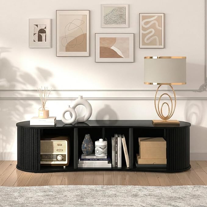 Fluted TV Stand with Storage Cabinet, 59″ Media Console with Sliding Tambour Door, Mid Century Modern Entertainment Center for Living Room, Oval Light Wood TV Stand for Bedroom, Black