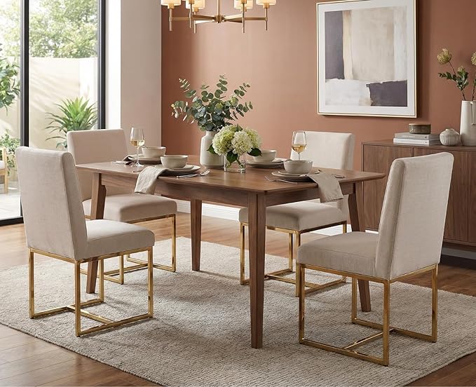 CIMOTA Modern Dining Chairs Set of 4, Upholstered Dining Room Chairs Armless Guest Side Chair with Gold Base for Dining Room/Kitchen, Beige, 4PCS