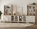 WAMPAT Entertainment Center with Bookshelves with Glass Doors & Drawer, Farmhouse Wall Unit TV Stand for TVs up to 75", Media Console Table for Living Room, Bedroom & Home Theater, Rustic White