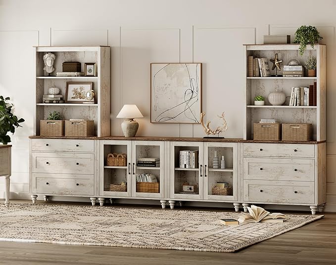 WAMPAT Entertainment Center with Bookshelves with Glass Doors & Drawer, Farmhouse Wall Unit TV Stand for TVs up to 75", Media Console Table for Living Room, Bedroom & Home Theater, Rustic White