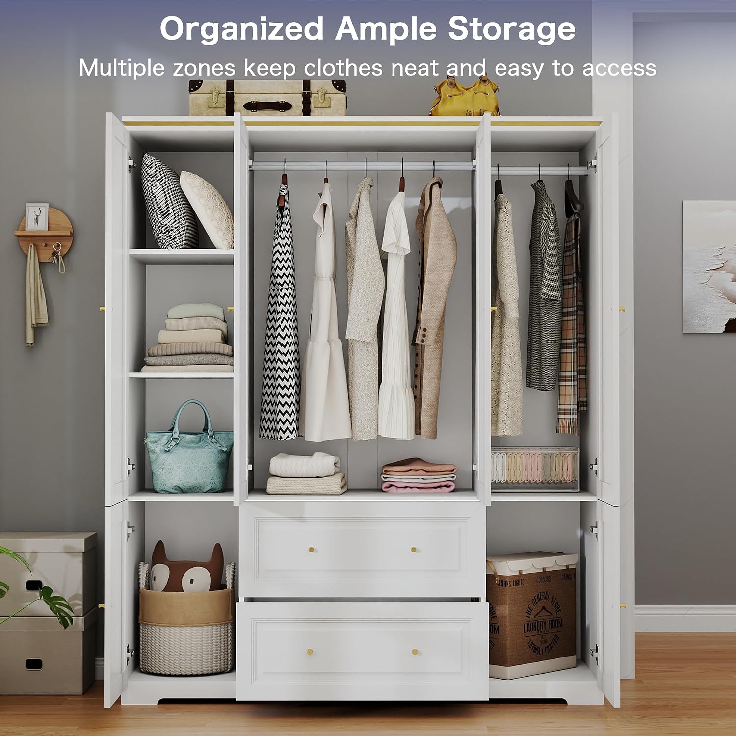 Armoire Wardrobe Closet with Drawers: 74" White Wardrobe with 2 Drawers, 4 Doors Bedroom Armoires with Hanging Rod, Tall Closet Cabinet for Hanging Clothes (59")
