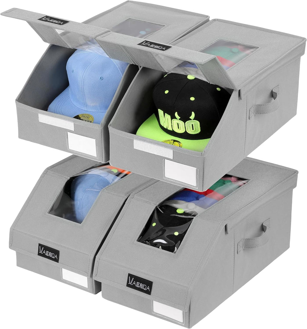 VAESIDA Hat Organizer for Baseball Caps, 4 Pack Hat Storage Box, Holds up to 56 Caps, Baseball Cap Organizer for Closet/Shelf, Hats Box Holder | Stackable, Foldable, Easy-Access, Clear Lid, Grey