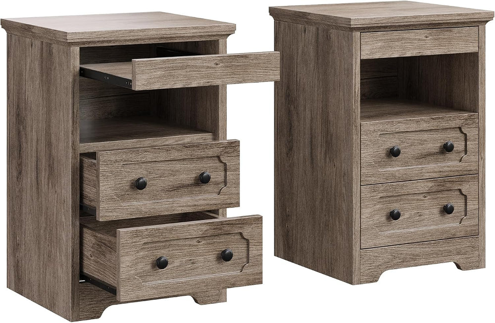 LIKIMIO Nightstand Set of 2, Night Stand with Pull Out Tray, Wooden Bedside T...