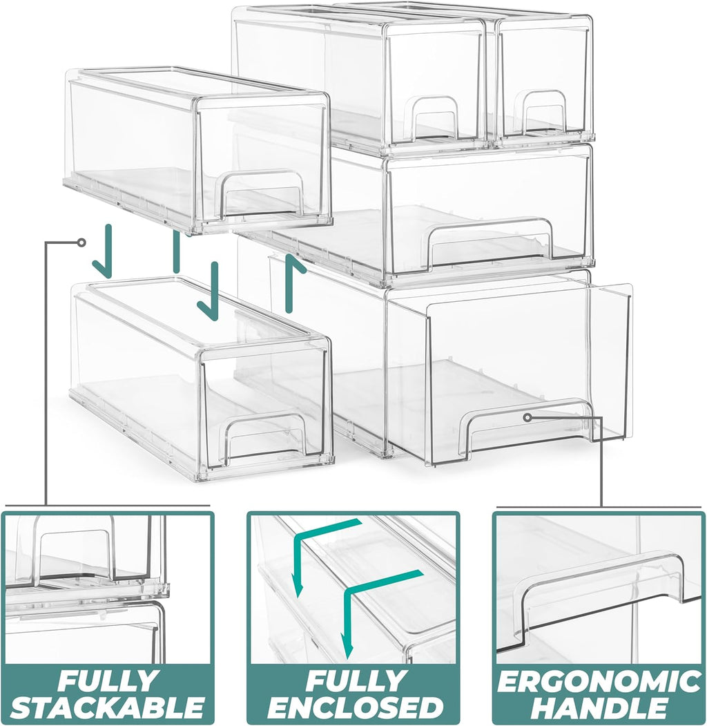 Sorbus 2 Large & 4 Small Clear Stackable Storage Drawers – Plastic Organizer Bins with Handles – Stackable Pull-Out Storage Drawers for Closet, Pantry, Office, Bathroom, Craft, and Toy Organization
