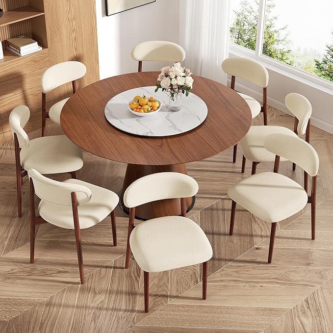 Wooden Dining Chair Set of 8, Modern Dining Chairs with with Curved Back, Fabric Upholstered Kitchen Dining Room Chairs with Adjustable Legs for Farmhouse Dining Living Room,Beige