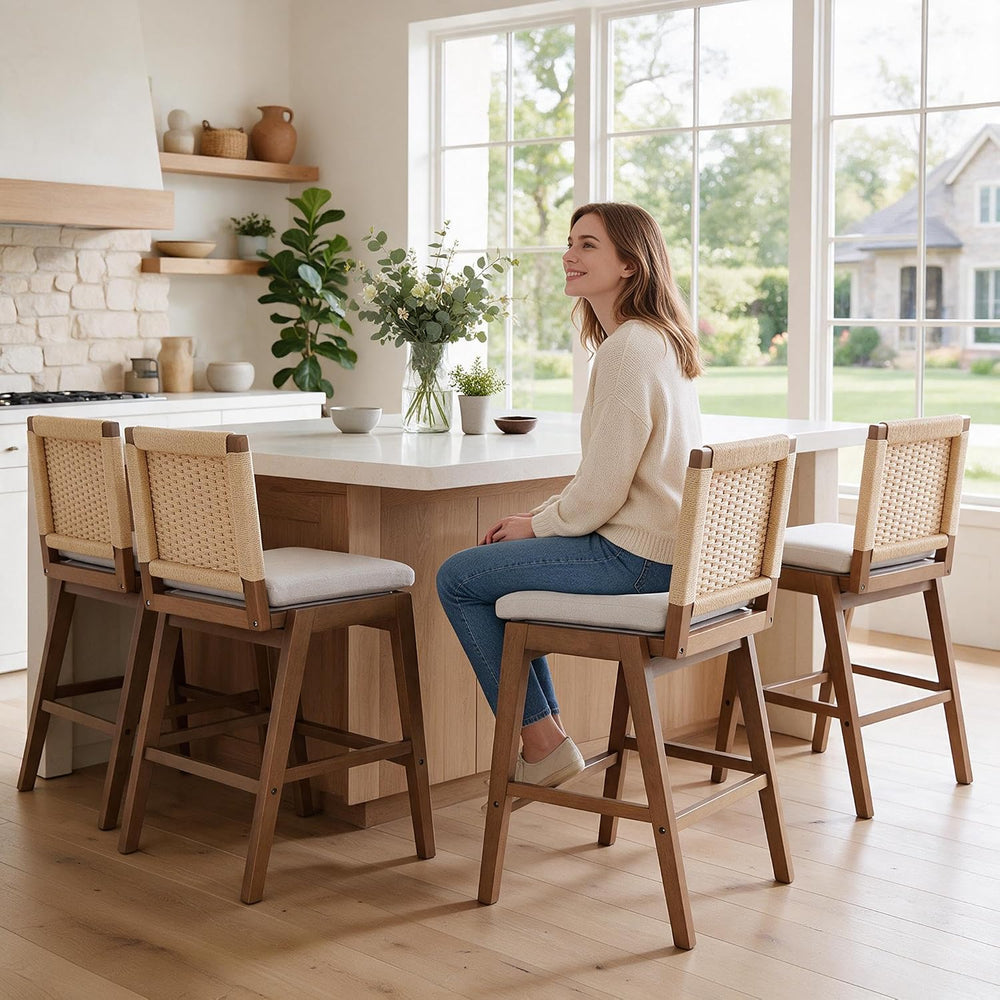 27" Woven Linen Counter Stools Set of 4, Beige