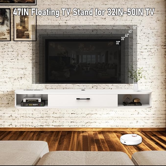 Floating TV Unit, 47'' Wall Mounted TV Cabinet, Floating Shelves with Door, Modern Entertainment Media Console Center Large Storage TV Bench for Living Room & Office (47.24IN, White)
