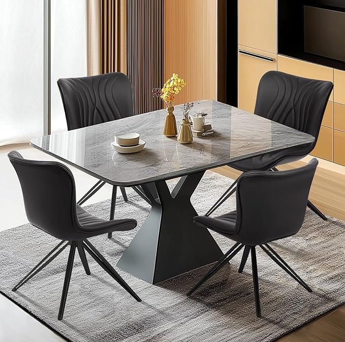 Dining Chairs Set of 4, 360° Swivel Upholstered Mid-Century Modern Kitchen Dining Room Chairs, Armless Faux Leather Accent Side Chair with Padded Back, Metal Leg, Black