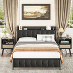 Lerliuo Rattan Nightstands Set of 2 with Charging Station, Black Bedside Table with Drawer Open Shelf, Cane Accent Side End Table with Solid Wood Legs, Night Stand for Bedroom, Dorm and Small Spaces