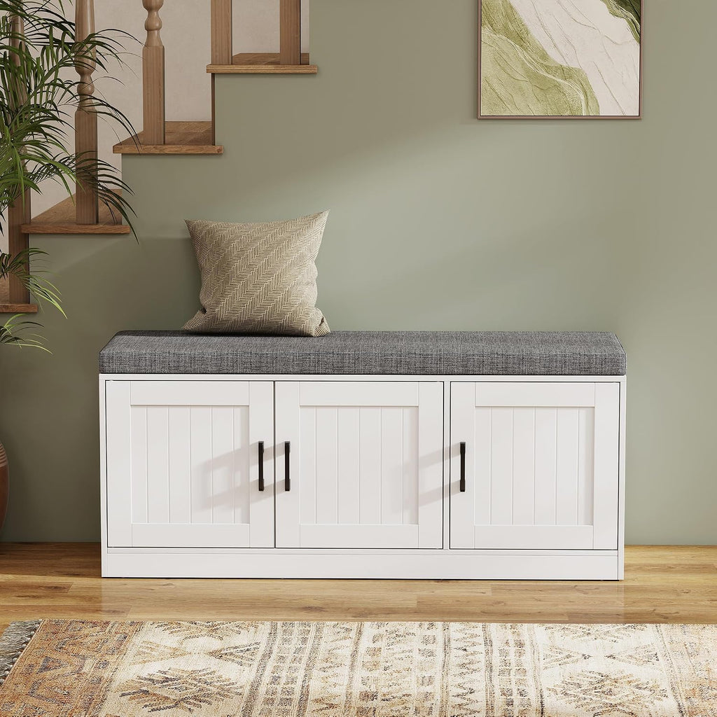 Turosur Shoe Storage Bench with Cabinet, 3-Tier Entryway Bench with Padded Seat Cushion, Shoe Cabinet Bench with 4 Adjustable Shelves for Bedroom, Mudroom, White