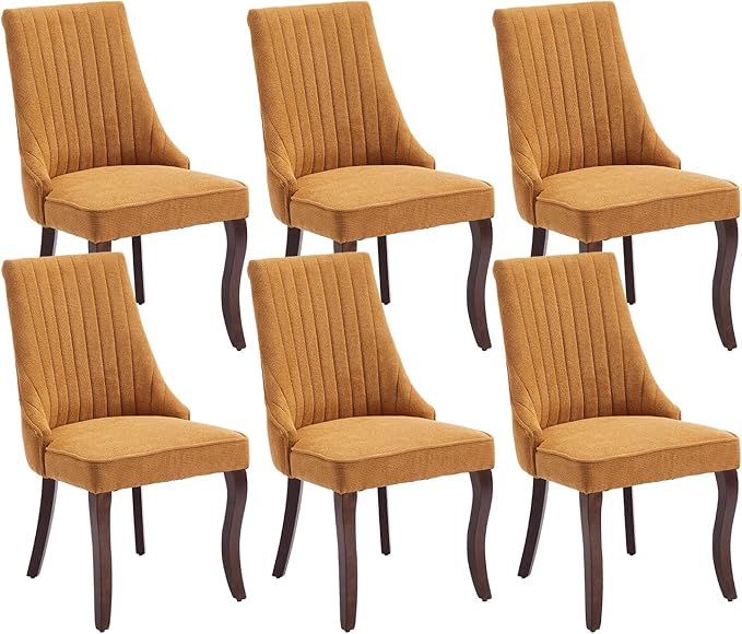 Dining Chairs Set of 6，Linen Channel Tufted Kitchen Dining Room Chair with Curved Solid Wood Legs, Comfortable Fabric Upholstered Dining Chair for Dining Room, (Gold, 6pc)