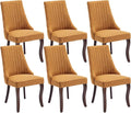 Dining Chairs Set of 6，Linen Channel Tufted Kitchen Dining Room Chair with Curved Solid Wood Legs, Comfortable Fabric Upholstered Dining Chair for Dining Room, (Gold, 6pc)