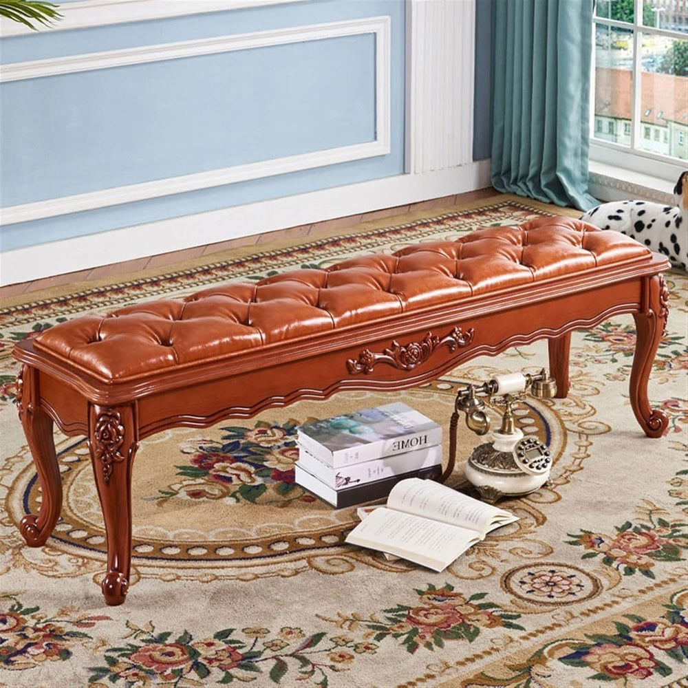 Modern Brown Retro Bedroom Decorative Bench Wooden Simple Bedside Upscale PU ...