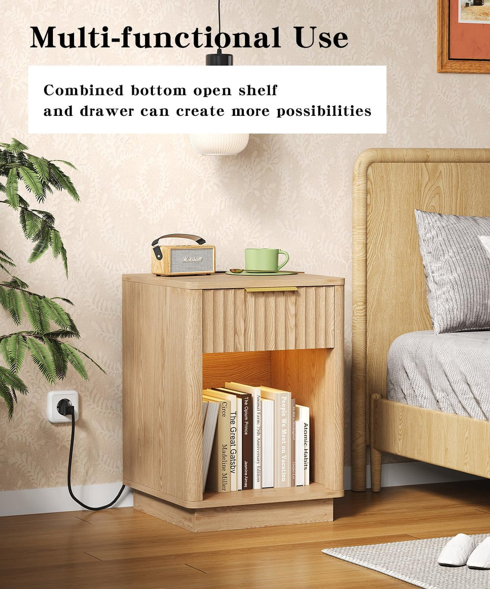 Akxomel Fluted Nightstand Set 2 Bedside Table with Charging Station Oak | Woo...
