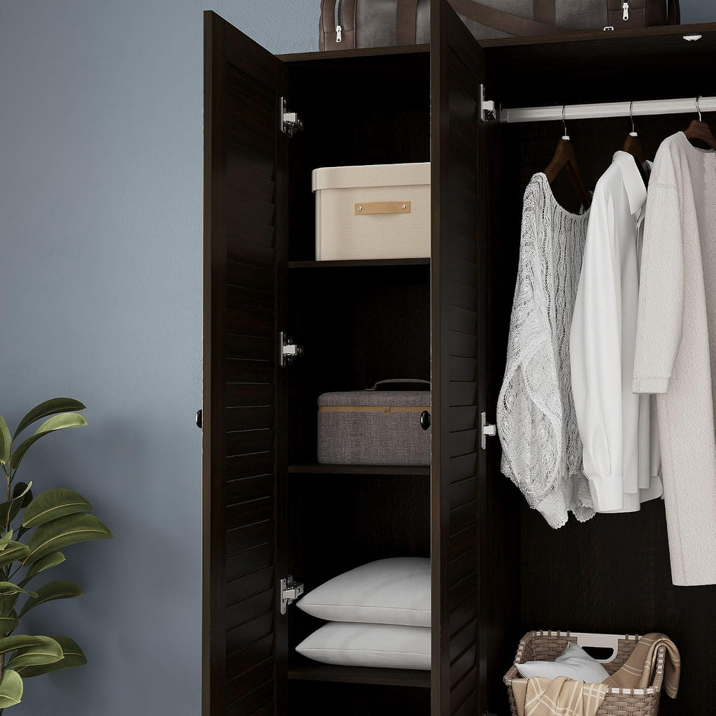 Almirah for Clothes, Tall Brown Bedroom Storage Wardrobe Closet Cabinet with Louvered Doors and Shelves, Large Wide Standing Wardrobe Clothes Closet with Hanging Rod and Drawers for Bedroom