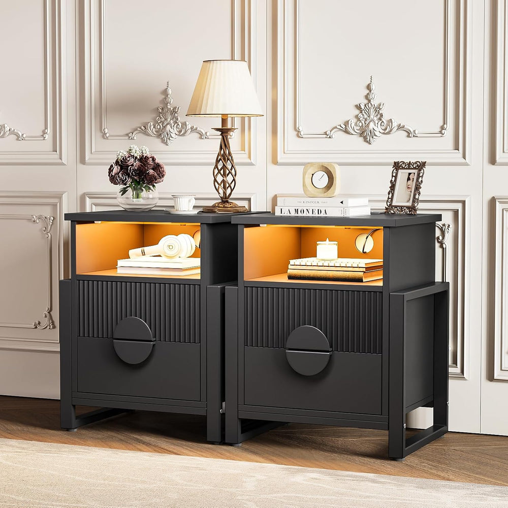 LGHM Set of 2 Fluted Nightstand with Charger Station Strip Lights, 20.47&quot...