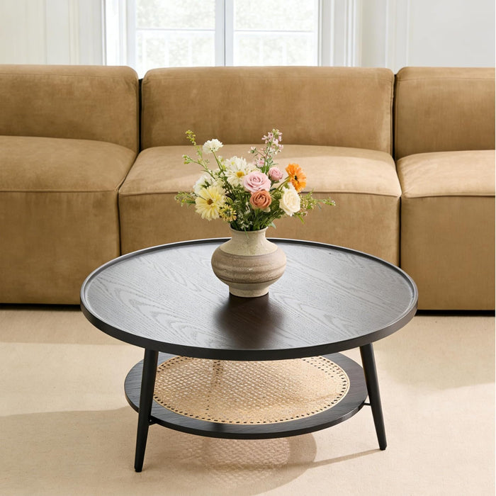 Saint Mossi Wood and Rattan Coffee Table for Living Room, Mid Century Modern Round Coffee Table, 2-Tier Boho Center Table for Small Space, Black Wood and Rattan Top, W31xH15