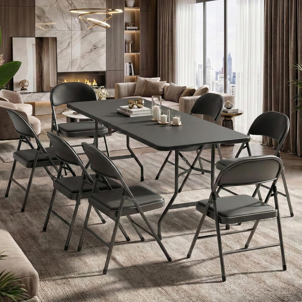 6FT Black Plastic Folding Table Set with 6 Black PU Padded Chairs | Portable ...