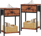 Furologee Nightstands Set of 2, Industrial End Table with Fabric Drawer and Storage Shelf, Retro Bedside Tables Organizer, Side Table for Living Room Bedroom, Rustic Brown