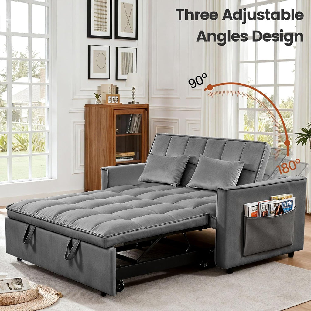 3 in 1 Convertible Sofa Bed, Love Seat Sleeper Bed with Side Pockets, Velvet Fabric Pull Out Couch with Adjustable Backrest for Living Room, Bedroom, Gray Apartment, Gray