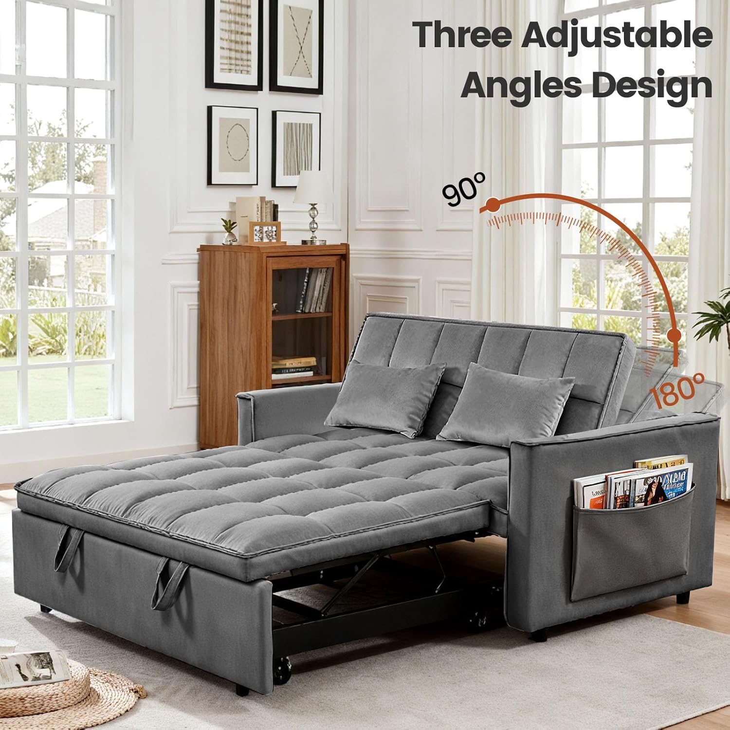3 in 1 Convertible Sofa Bed, Love Seat Sleeper Bed with Side Pockets, Velvet Fabric Pull Out Couch with Adjustable Backrest for Living Room, Bedroom, Gray Apartment, Gray