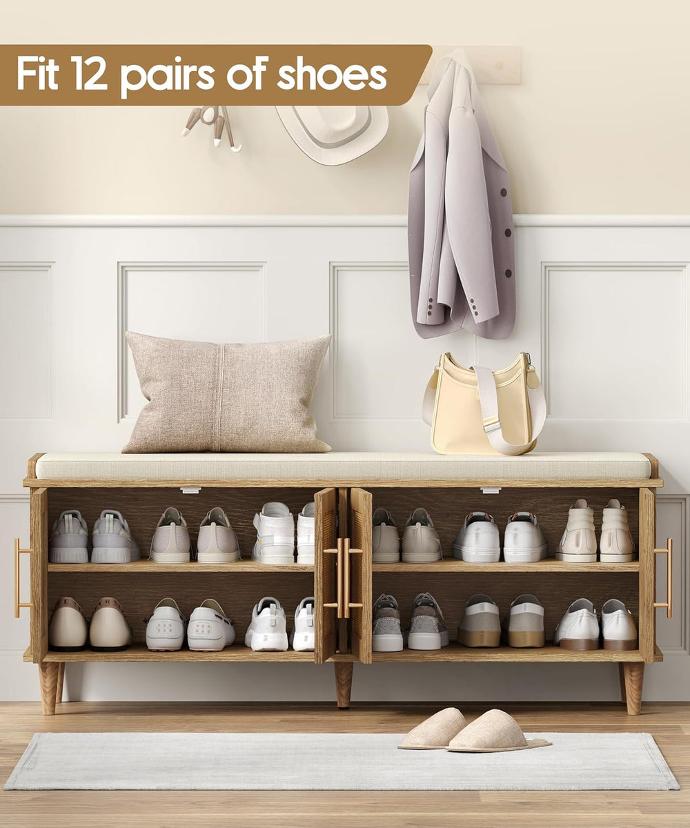 Akxomel 47.2" Rattan Shoe Storage Bench 4 Doors Wooden Entryway Bench Oa...