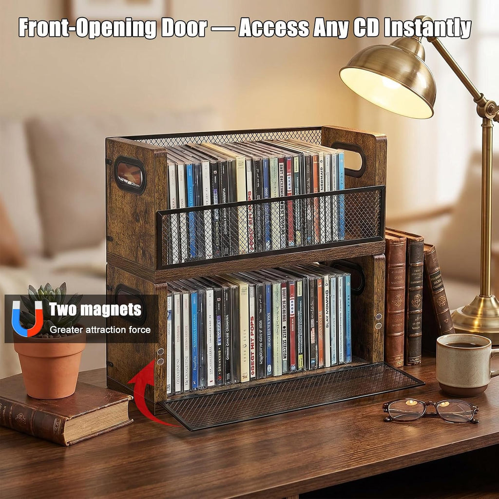 PUTNATRURE CD Storage Box, Hold 38 CD Cases, Stackable Music Tower with Magnetic Opening Door for Easy Access, Desktop Disc Organizer for Home and Office