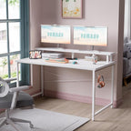 Pamray 47 Inch Small Computer Desk with Monitor Stand, Simple Office Desk with Headphone Hook for Small Spaces, Kids Study Writing Table for Bedroom, White