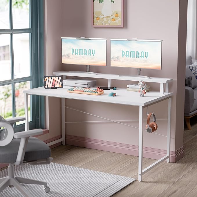 Pamray 47 Inch Small Computer Desk with Monitor Stand, Simple Office Desk with Headphone Hook for Small Spaces, Kids Study Writing Table for Bedroom, White