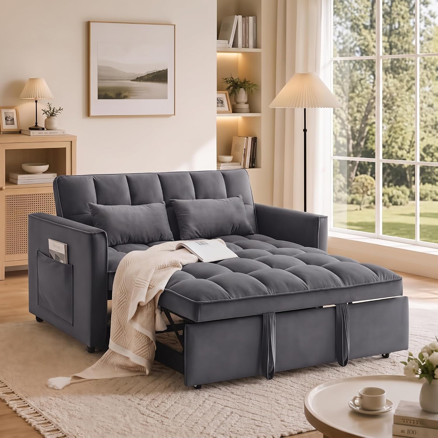 54'' Sleeper Sofa Bed, Convertible Pull Out Couch Futon with Side Pockets, Velvet Loveseat Sofa Bed with Adjustable Backrest, Armrest Pillows for Living Room Dorm Apartment, Dark Gray