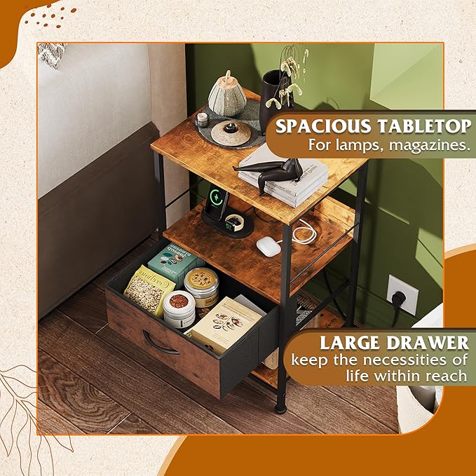 WLIVE Night Stand with Charger Station, LED Nightstand with Adjustable Fabric...