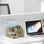 EasyPAG Mesh Desk Organizer with Drawer Multi-functional Pen Holder Stationery Organizer for Office School Supplies 6 Compartments Dorm Organizers and Storage for Desk, Gold