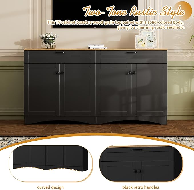 Ball & Cast Farmhouse TV Stand with 2 Drawers for TVs up to 70",Wood Grain Sideboard Buffet Cabinet w/Rustic Handles and Adjustable Shelf,Entertainment Center for Living Room,Bedroom,Black