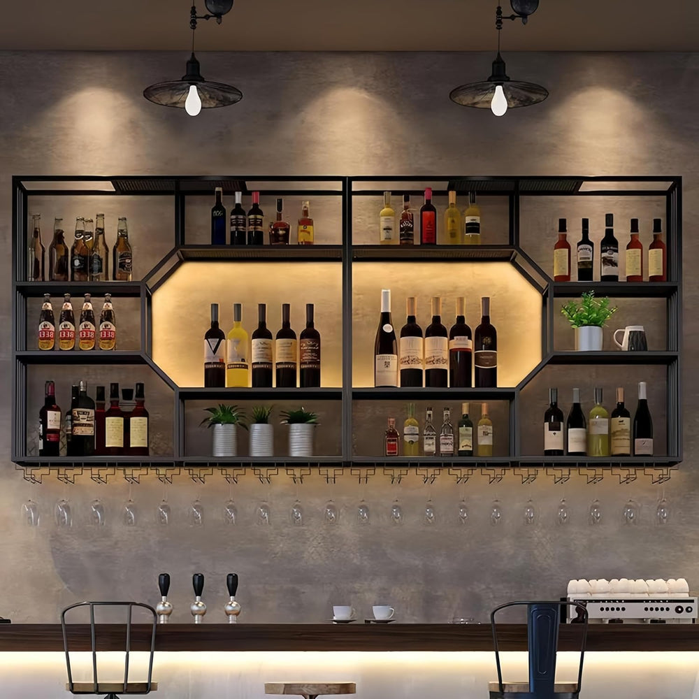 71 Inch Metal Wall-Mounted Wine Rack & Liquor Shelf, 5-Tier Large Bar She...