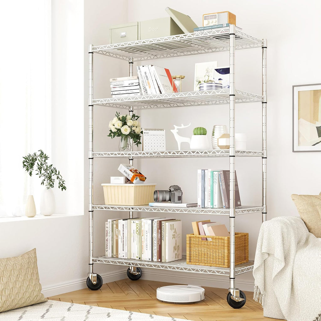 REIBII 72.8" Wire Shelving with Wheels,5 Tier 1653LBS Heavy Duty Shelves | Chrome rolling rack, 331 lbs/shelf, 5-tier, lockable wheels, rust-proof, adjustable height, tool-free, garage, kitchen