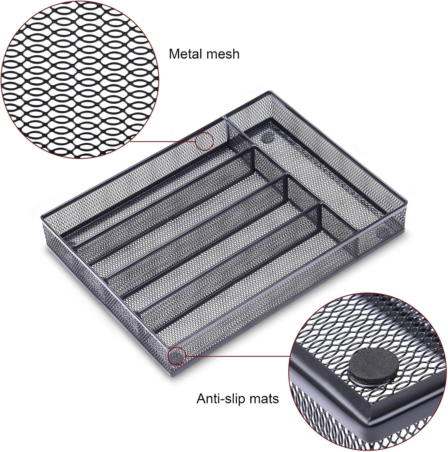 WuGeShop Office Desk Drawer Organizer, 5 Compartments Mesh Drawer Organizer Tray for Storage Art Supplies, Stationery, Black