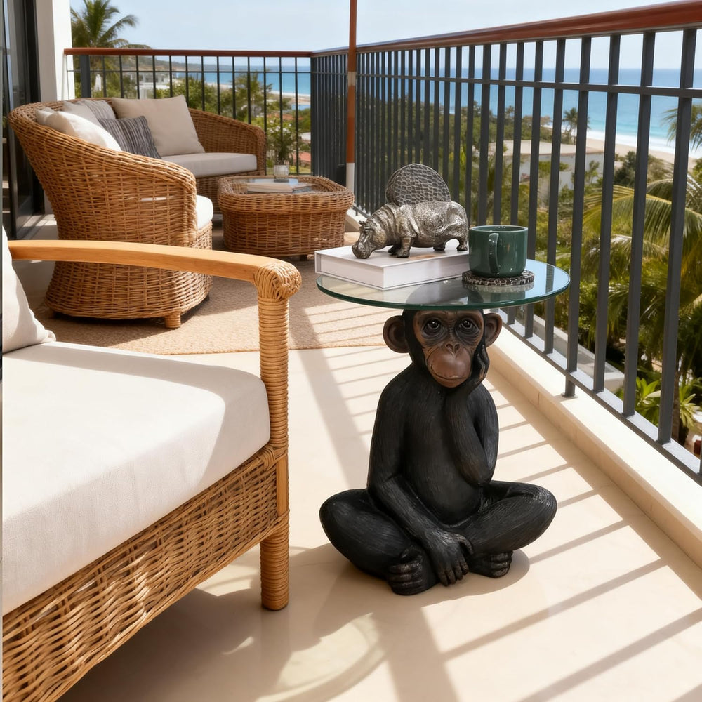Animal Resin Side Table, Monkey Base Glass Top Side Table, Art Deco Style, Su...