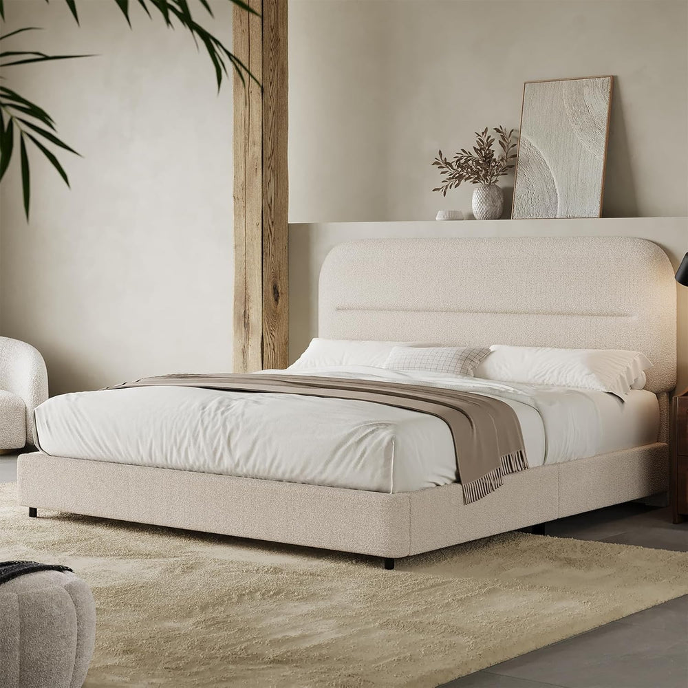 HOMBCK Queen Size Cloud Bed Frame, Cream Plush Boucle Upholstered Platform Be...