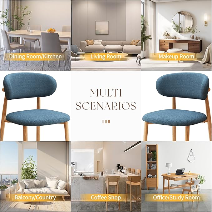 Kitchen Dining Chairs Set of 6 Modern Soft Linen Farmhouse Dining Room Chair with Metal Legs, Blue/Original