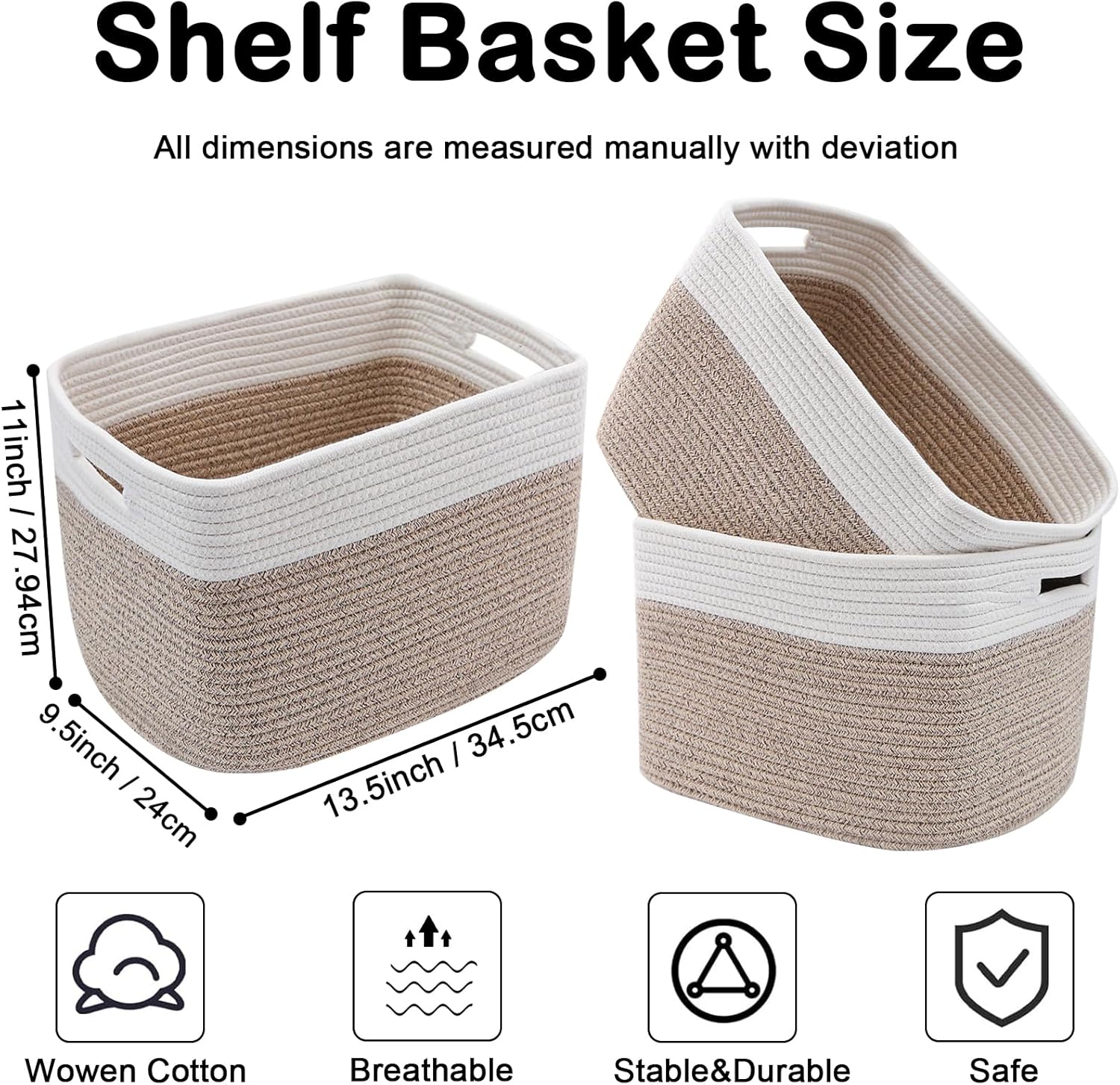 3 Pack Woven Baskets,Storage Baskets for Shelves with Handles | 13.5"×11"×9.5" Closet Baskets, Nursery Organizer for Toys Towels Books, Storage Bin for Living Room Bedroom (White&Brown)
