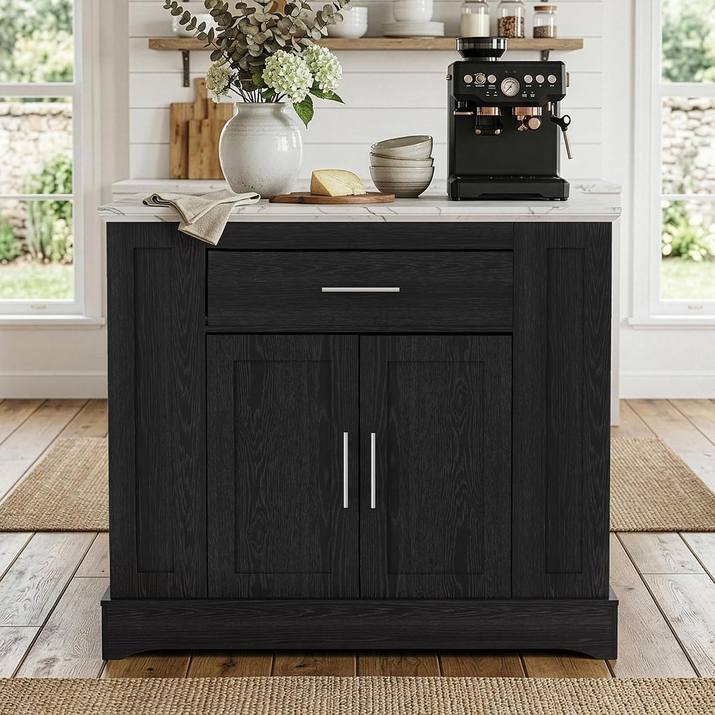 40“ L Black Kitchen Island with A 14.5” W Folding Faux Marble Tabletop, Wooden Kitchen Island with Power Outlet, Storage Cabinet & Drawer and Open Adjustable Shelving