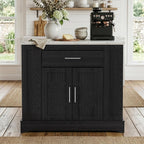 40“ L Black Kitchen Island with A 14.5” W Folding Faux Marble Tabletop, Wooden Kitchen Island with Power Outlet, Storage Cabinet & Drawer and Open Adjustable Shelving