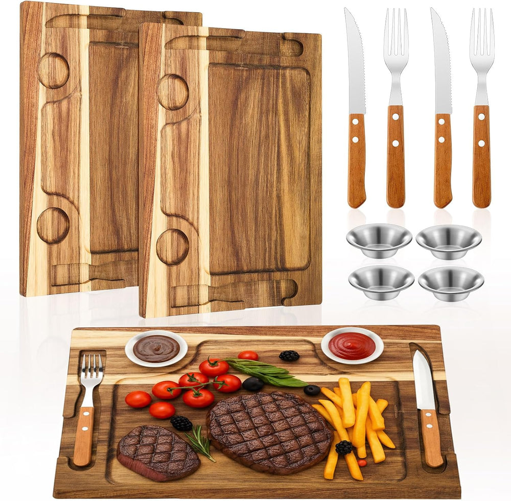 2 Set Acacia Wooden Steak Cutting Board with Fork, Knife and Sauce Cups