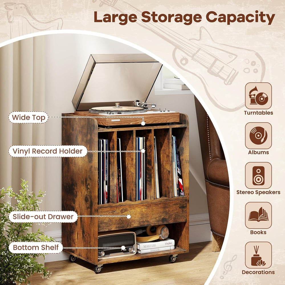 Giantex Record Player Stand, Rolling Turntable Stand with Drawer & Lockab...