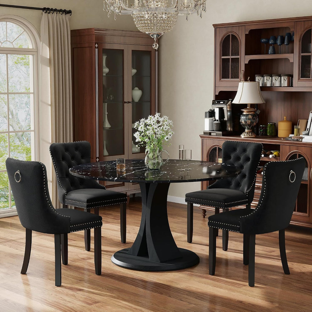 5-Piece Dining Table Set for 4 with 47 In Black Faux Marble Round Table