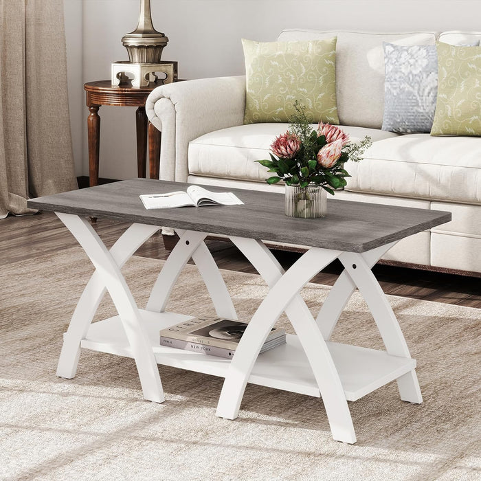 GIANTEX Farmhouse Coffee Table, 2-Tier Wood Center Table with Storage Shelf & X-Shaped Support Legs, 40 Inch Rectangular Living Room Table with Open Display Area for Small Space (Grey Oak&White)