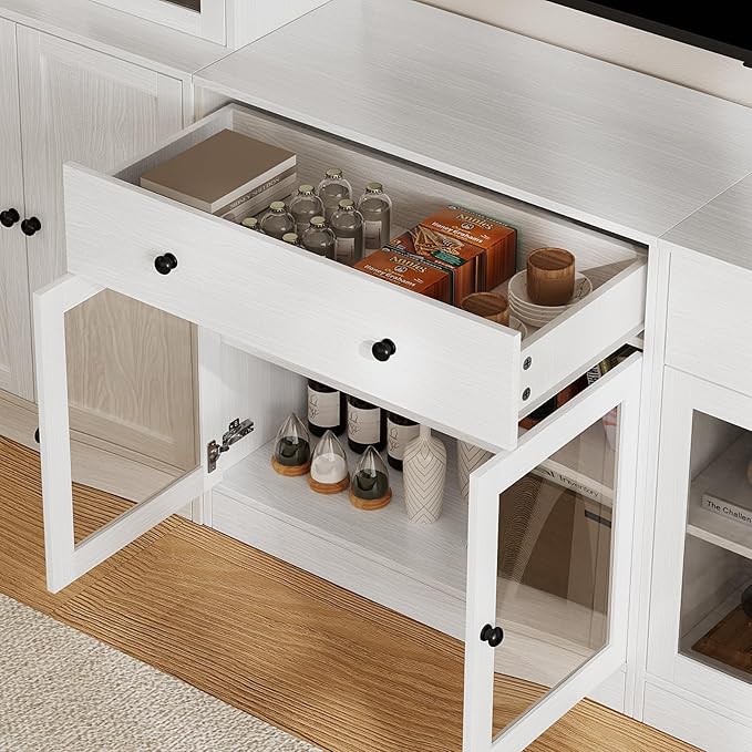 TUSY 71" TV Stand Storage Set - 2 Tall Bookcases & 2 Side Cabinets, Media Console with Glass & Wood Doors, Entertainment Center with Drawers, Tall Media Console for Living Room (White, AFFA)