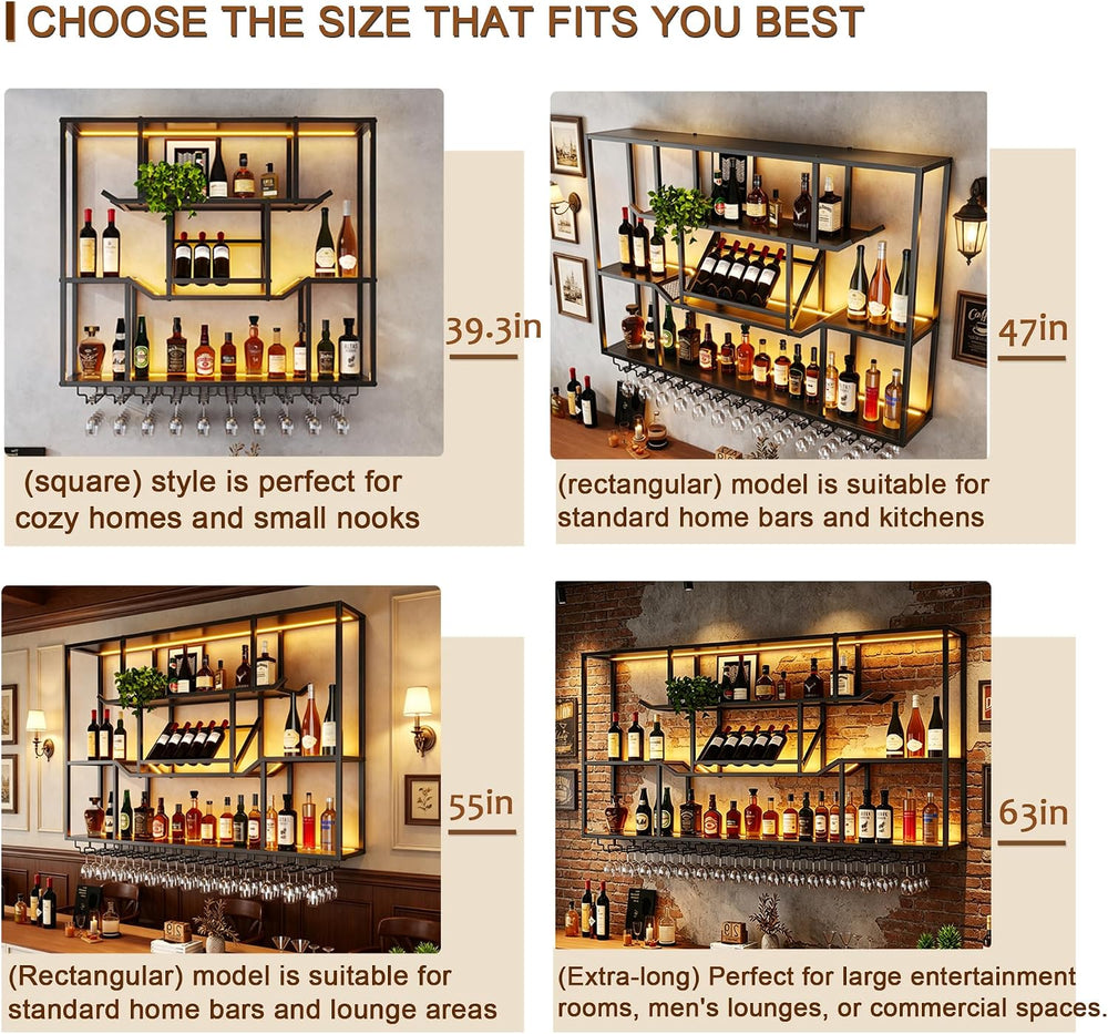 63-inch LED Wall Wine Rack, Modern Metal Display Rack for Bar | With 3 floati...